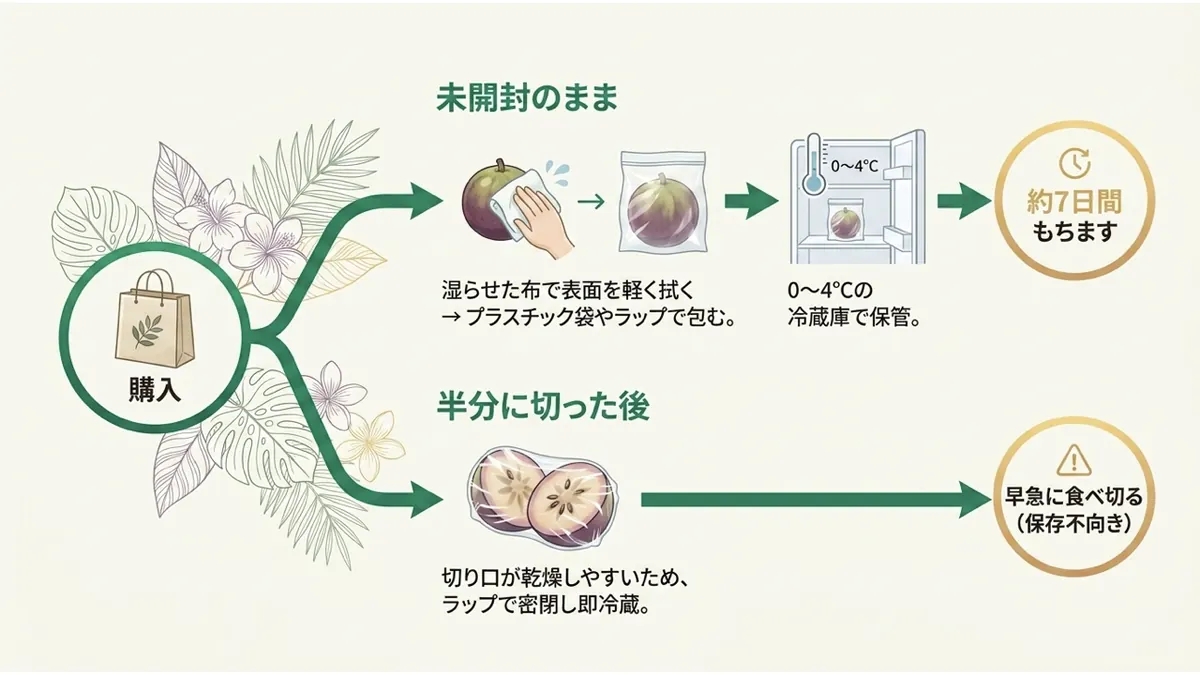 保存方法。未開封のまま:湿らせた布で表面を軽く拭く→プラスチック袋やラップで包む→0〜4℃の冷蔵庫で保管→約7日間もちます。半分に切った後:切り口が乾燥しやすいためラップで密閉し即冷蔵→早急に食べ切る(保存不向き)