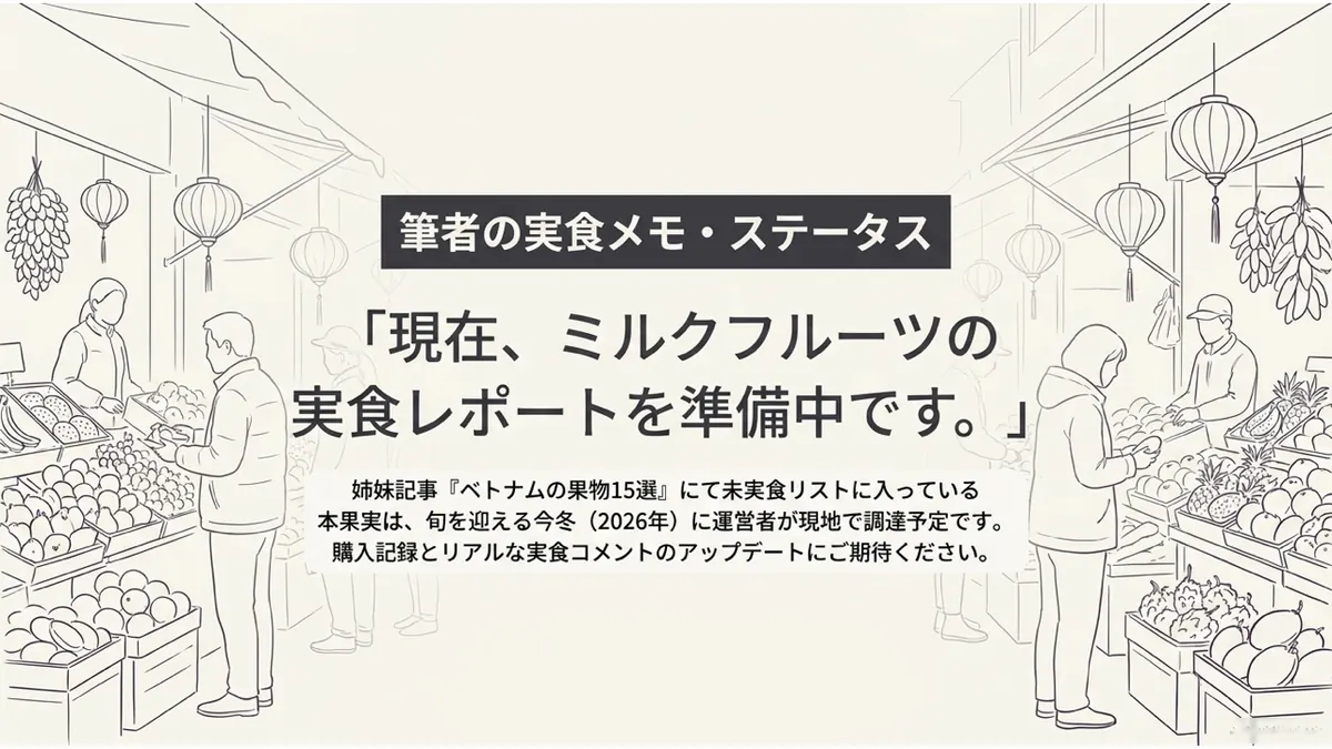 筆者の実食メモ・ステータス。「現在、ミルクフルーツの実食レポートを準備中です。」姉妹記事『ベトナムの果物15選』にて未実食リストに入っている本果実は、旬を迎える今冬(2026年)に運営者が現地で調達予定です。購入記録とリアルな実食コメントのアップデートにご期待ください