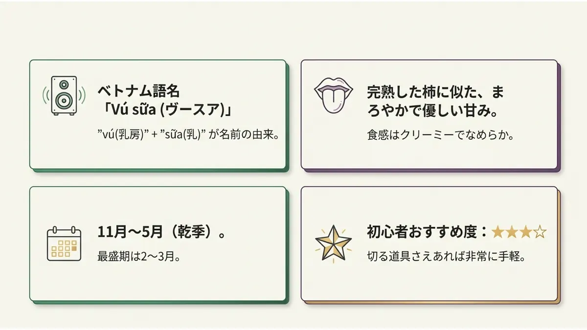 ベトナム語名「Vú sữa(ヴースア)」(vú(乳房)+sữa(乳)が名前の由来)。完熟した柿に似た、まろやかで優しい甘み(食感はクリーミーでなめらか)。11月〜5月(乾季)、最盛期は2〜3月。初心者おすすめ度:★★★☆(切る道具さえあれば非常に手軽)