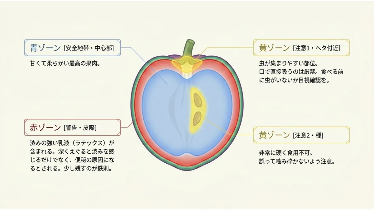 実食のためのセーフゾーン・マップ。青ゾーン(安全地帯・中心部):甘くて柔らかい最高の果肉。赤ゾーン(警告・皮際):渋みの強い乳液(ラテックス)が含まれる。深くえぐると渋みを感じるだけでなく、便秘の原因になるとされる。少し残すのが鉄則。黄ゾーン(注意1・ヘタ付近):虫が集まりやすい部位。口で直接吸うのは厳禁。食べる前に虫がいないか目視確認を。黄ゾーン(注意2・種):非常に硬く食用不可。誤って噛み砕かないよう注意。美味しく食べる最大のコツは、「皮際ギリギリまで深くえぐらない」こと