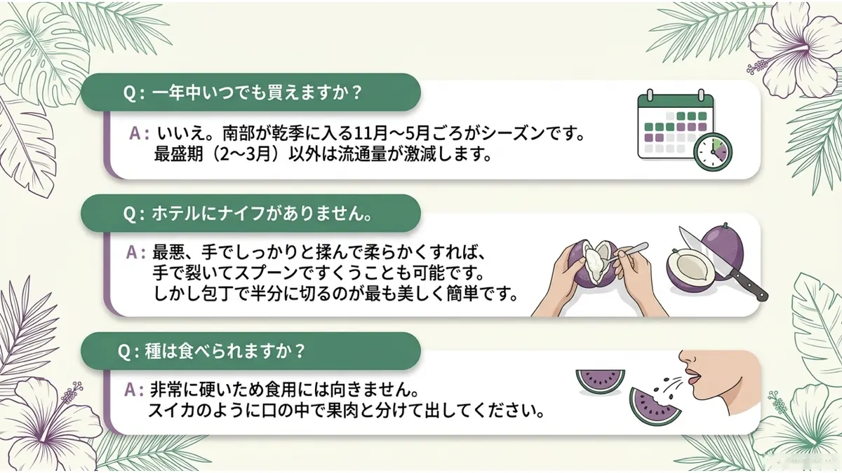 Q:一年中いつでも買えますか？A:いいえ。南部が乾季に入る11月〜5月ごろがシーズンです。最盛期(2〜3月)以外は流通量が激減します。Q:ホテルにナイフがありません。A:最悪、手でしっかりと揉んで柔らかくすれば、手で裂いてスプーンですくうことも可能です。しかし包丁で半分に切るのが最も美しく簡単です。Q:種は食べられますか？A:非常に硬いため食用には向きません。果肉と分けて出してください