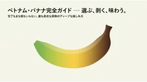 黄緑から茶色へグラデーションするバナナのイラストに「ベトナム・バナナ完全ガイド ― 選ぶ、剥く、味わう。包丁もまな板もいらない、最も身近な果物のディープな楽しみ方」というタイトル