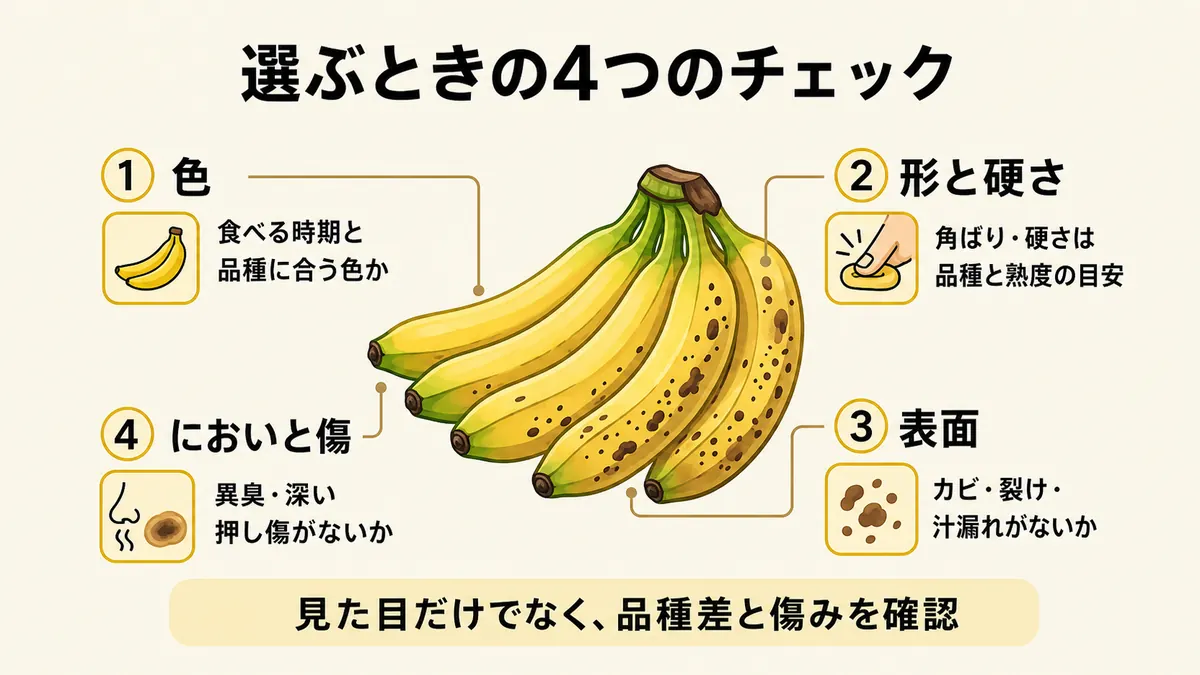 房のバナナを中心に、色、形と硬さ、表面、においと傷という購入時の4つのチェック項目を示した図
