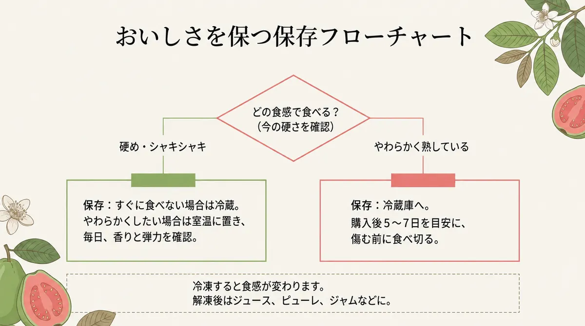 グアバの硬さに応じた室温・冷蔵保存と、冷凍後の利用法を示すフローチャート