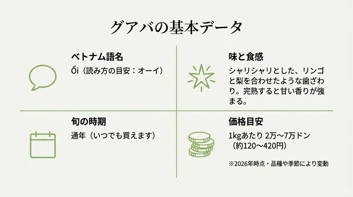 ベトナム語名、味と食感、流通時期、参考価格をまとめたグアバの基本データ