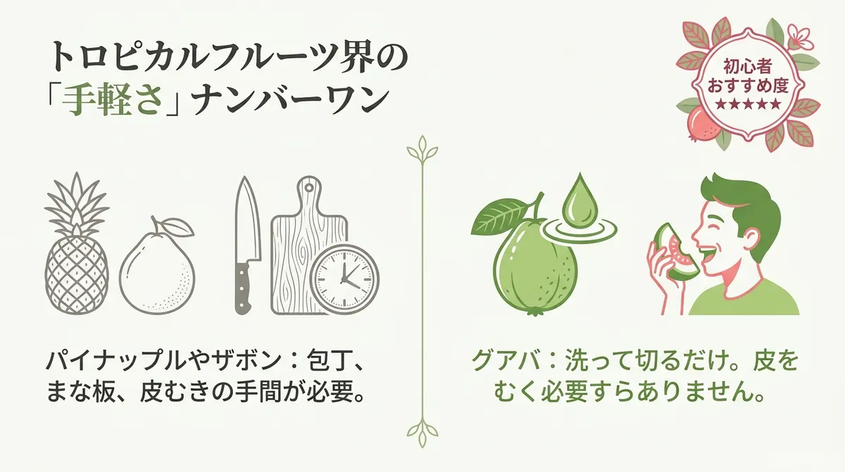 パイナップルやザボンと、皮をむかずに食べられるグアバの手軽さを比べた図