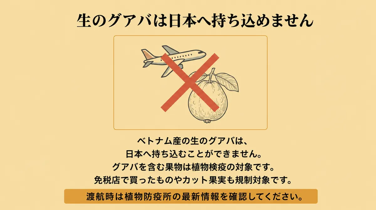 飛行機とグアバに禁止印を重ね、ベトナム産の生のグアバを日本へ持ち込めないことを示した図