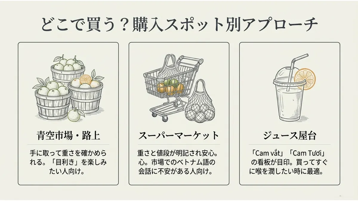 かごに盛られたオレンジ、買い物かごに入ったオレンジ、生搾りジュースのグラスを並べ、青空市場・路上/スーパーマーケット/ジュース屋台の3つの購入スポットの特徴を示した図