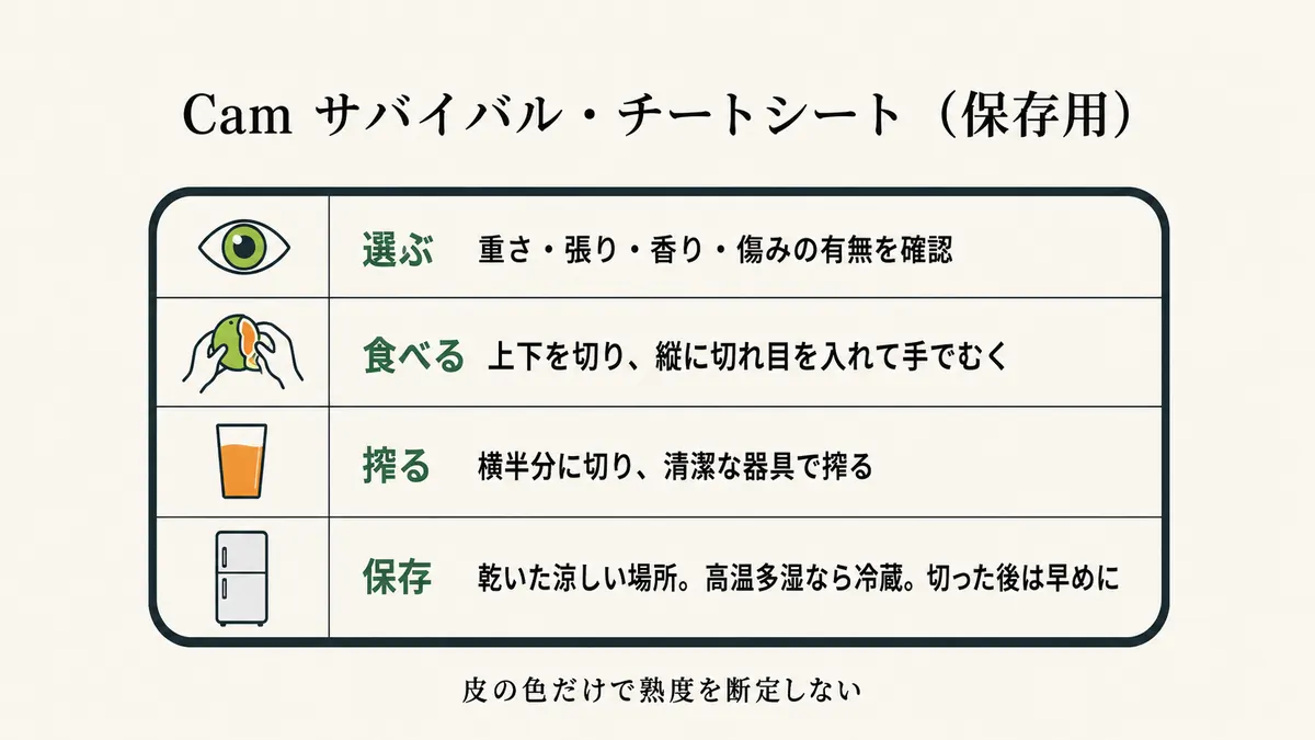 Camの選び方、むき方、搾り方、保存方法を4段にまとめたサバイバル・チートシート