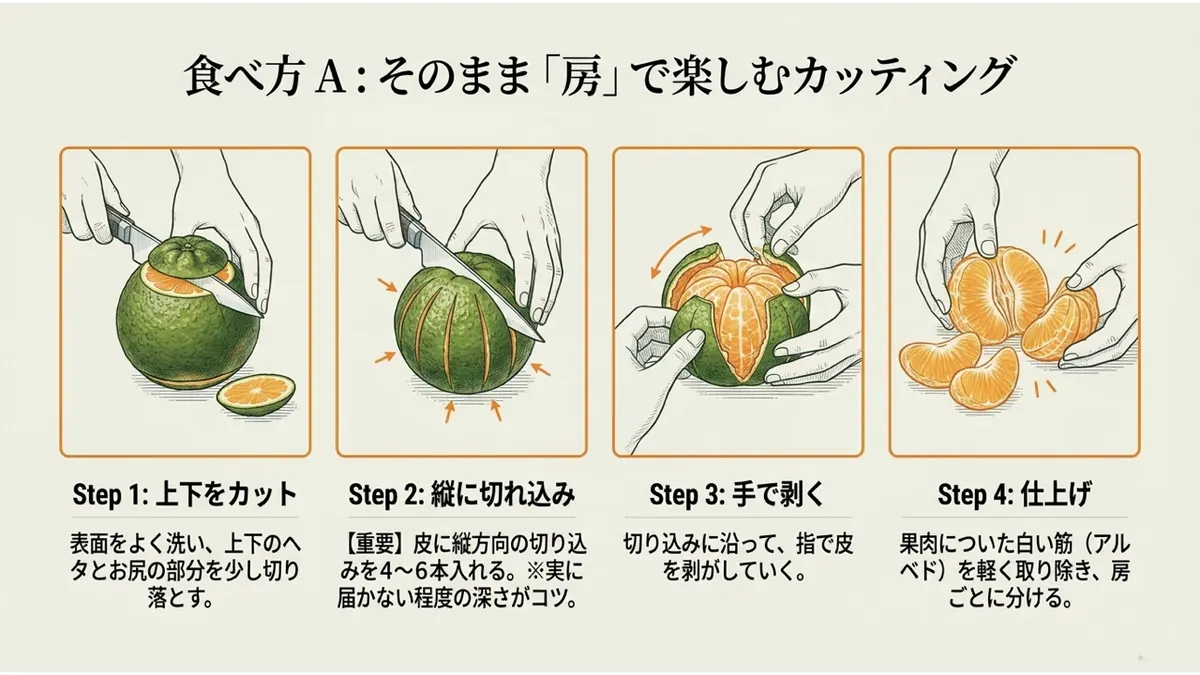 上下をカットする、縦に切り込みを入れる、手で剥く、白い筋を取って仕上げるという、房で食べるための4ステップを示した図