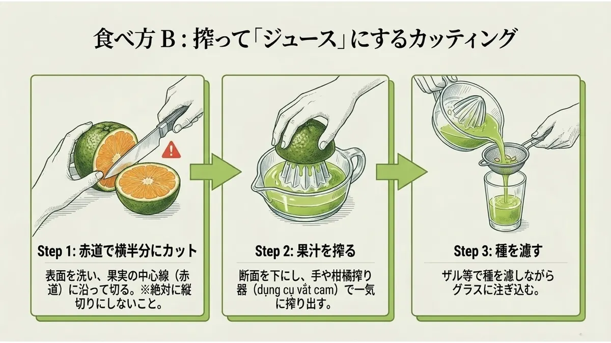 赤道で横半分にカットする、柑橘搾り器で果汁を搾る、ザルで種を濾しながらグラスに注ぐという、ジュースにするための3ステップを示した図