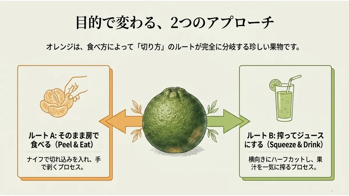 オレンジを中心に、左へ伸びる矢印の先に房に分けて食べる「ルートA」、右へ伸びる矢印の先に搾ってジュースにする「ルートB」を配置し、目的で切り方のルートが分岐することを示した図