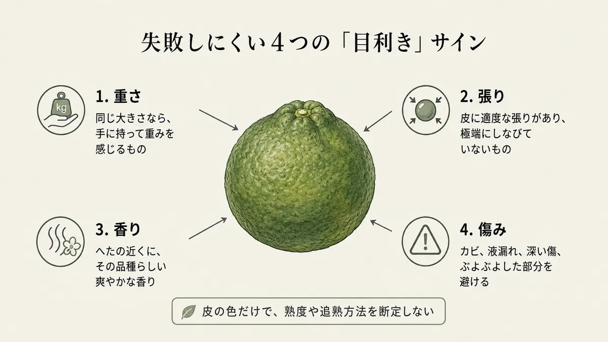 中央のcamに、重さ、張り、香り、傷みの有無という4つの目利きポイントを示した図