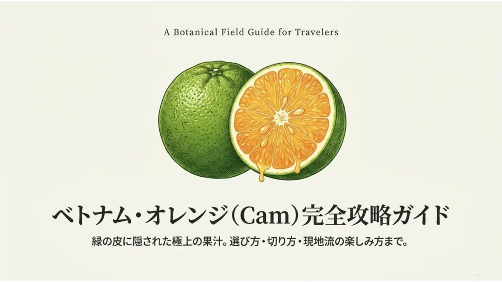 緑の皮のオレンジ丸ごと1個と、断面のオレンジ色の果肉を並べたイラストとともに「ベトナム・オレンジ(Cam)完全攻略ガイド 緑の皮に隠された極上の果汁。選び方・切り方・現地流の楽しみ方まで。」というタイトルを示した画像