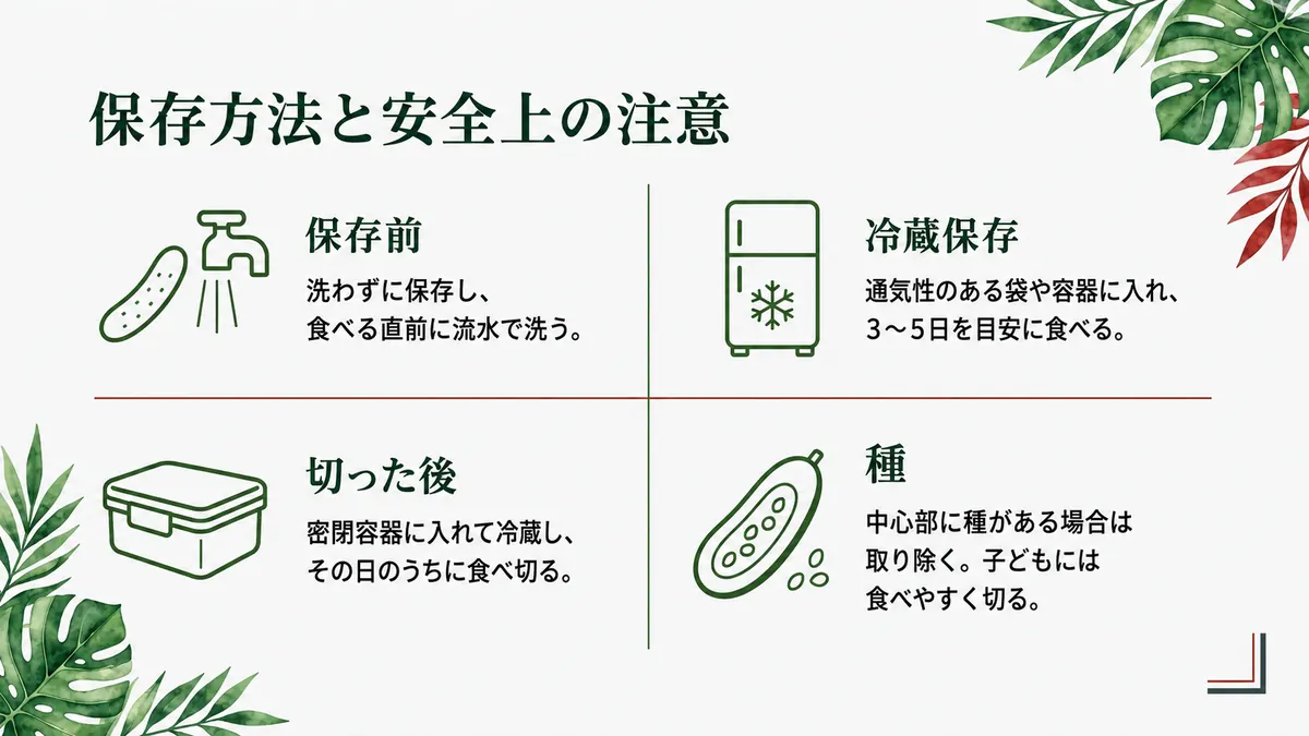 「保存方法と安全上の注意」を示した図。保存前は洗わず通気性のある袋や容器で冷蔵し、3〜5日を目安に食べること、切った後は密閉して当日中に食べること、食べる直前に流水で洗うこと、種がある場合は取り除くことを示す