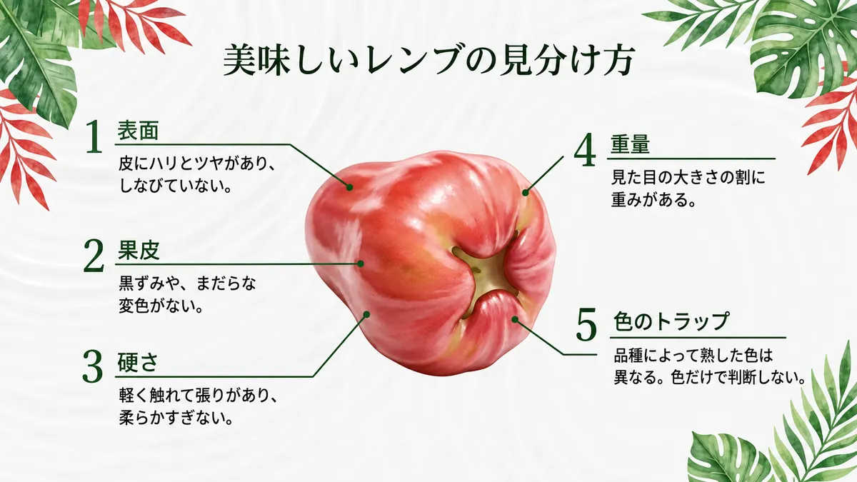 レンブの実を中心に、表面(皮のハリとツヤ、ロウ細工のような艶)・果皮(黒ずみやまだらな変色の有無)・硬さ(張りがあり柔らかすぎないもの)・重量(見た目より重みがあるもの)・色のトラップ(品種により赤やピンク、白いままの場合もあり色だけで判断できない)の5つの診断ポイントを吹き出しで示した図