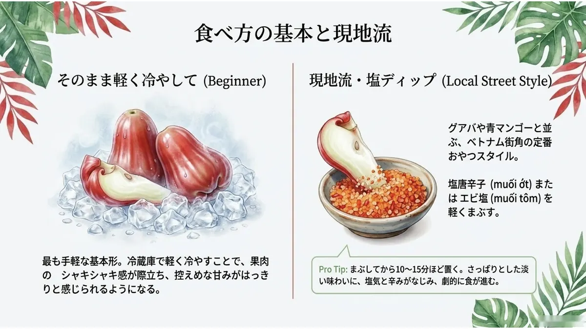 左に「そのまま軽く冷やして(Beginner)」として氷の上に置かれたレンブ、右に「現地流・塩ディップ(Local Street Style)」として塩唐辛子(muối ớt)にひたすレンブを並べた図。「グアバや青マンゴーと並ぶ、ベトナム街角の定番おやつスタイル」「Pro Tip: まぶしてから10〜15分ほど置く。さっぱりとした淡い味わいに、塩気と辛みがなじみ、劇的に食が進む」と記す