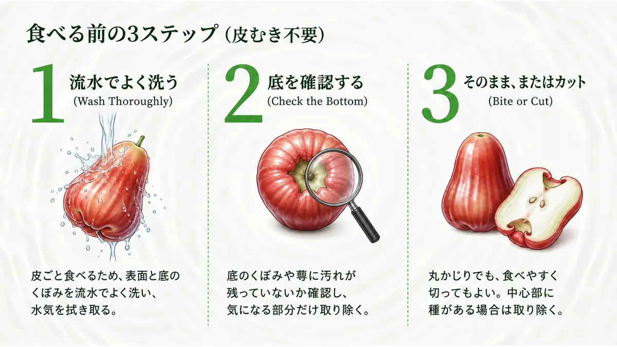 「食べる前の3ステップ(皮むき不要)」として、1.流水でよく洗う、2.底のくぼみや萼を確認し、気になる部分だけ取り除く、3.そのまま丸かじりするか、くし形や放射状に切り分け、種がある場合は取り除く、という流れを示した図