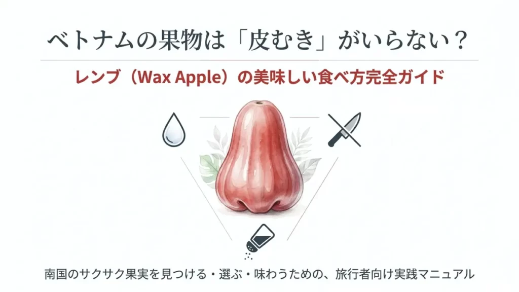 ロウ細工のような艶を持つ赤いレンブの実を三角形の中心に配し、水滴(洗うだけ)・バツ印の包丁(切る道具不要)・塩の瓶(現地流の塩ディップ)の3アイコンを頂点に添えた図。「ベトナムの果物は「皮むき」がいらない？レンブ(Wax Apple)の美味しい食べ方完全ガイド」というタイトルと「南国のサクサク果実を見つける・選ぶ・味わうための、旅行者向け実践マニュアル」という副題を記す