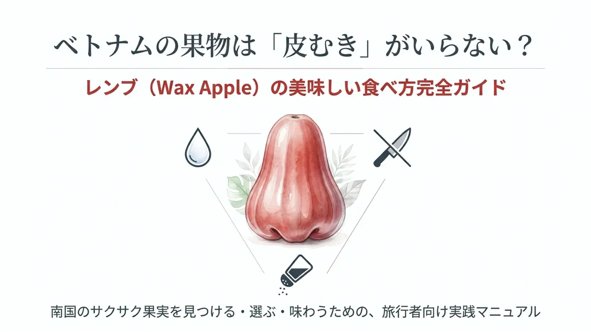 ロウ細工のような艶を持つ赤いレンブの実を三角形の中心に配し、水滴(洗うだけ)・バツ印の包丁(切る道具不要)・塩の瓶(現地流の塩ディップ)の3アイコンを頂点に添えた図。「ベトナムの果物は「皮むき」がいらない?レンブ(Wax Apple)の美味しい食べ方完全ガイド」というタイトルと「南国のサクサク果実を見つける・選ぶ・味わうための、旅行者向け実践マニュアル」という副題を記す