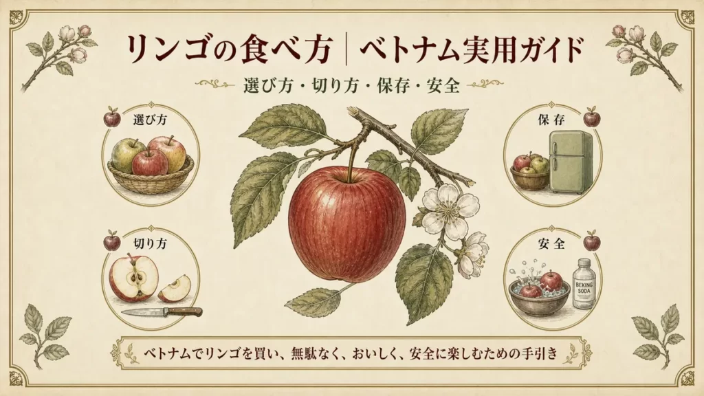 リンゴの食べ方ガイドの表紙。選び方・切り方・保存・安全の4項目
