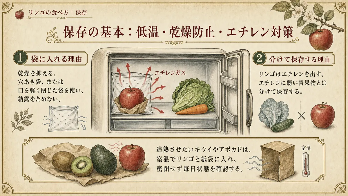 リンゴの保存方法。乾燥防止とエチレン対策を示す図
