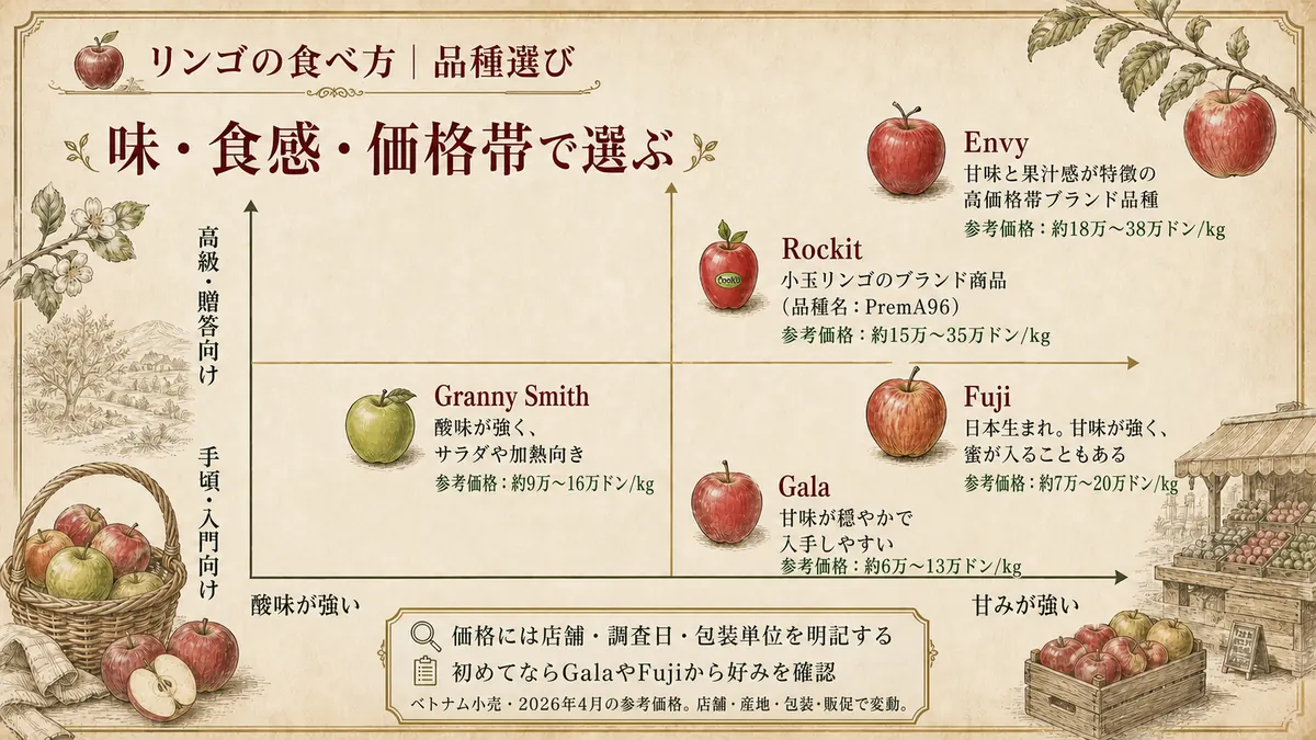 リンゴの品種別の価格帯と味の傾向を示す座標図