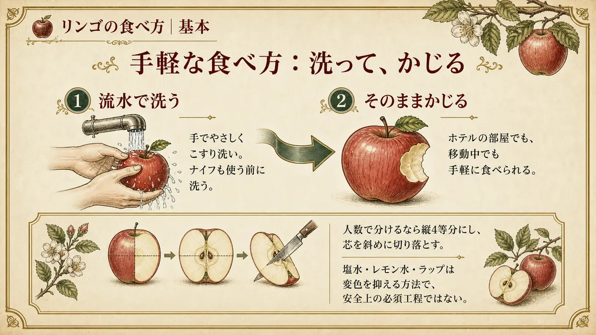 洗ってそのままかじるリンゴの基本の食べ方を示す図