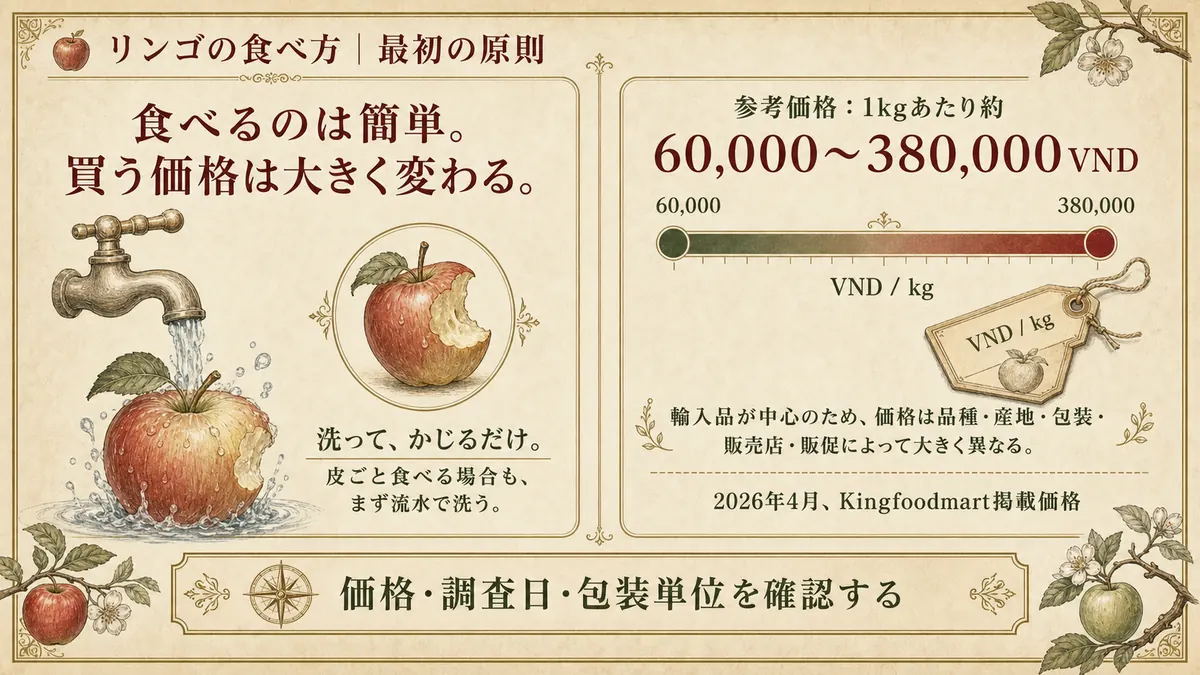 ベトナムでのリンゴの参考価格帯を示す図。1kgあたり6万〜38万ドン