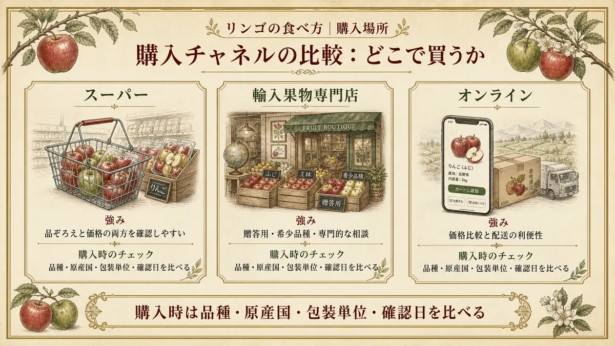 スーパー・専門店・オンラインの購入チャネルを比較した図