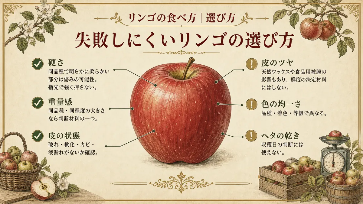 失敗しにくいリンゴの選び方。硬さ・重量感・皮の状態を示す図解