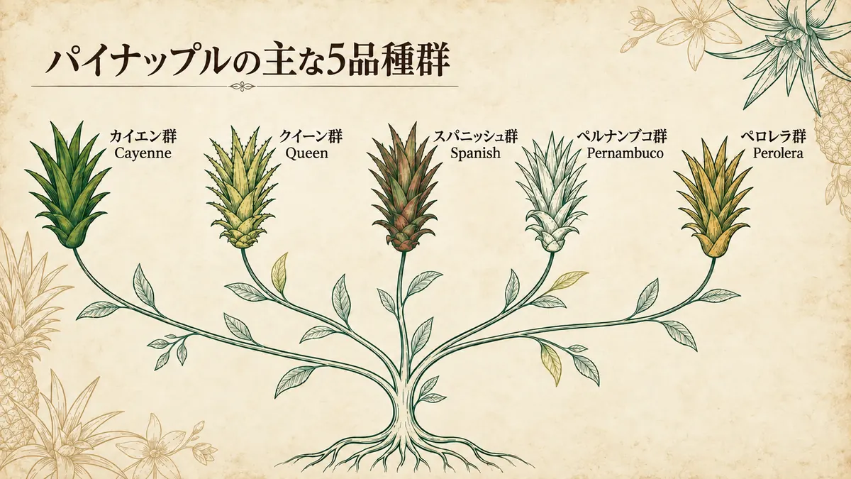 カイエン、クイーン、スパニッシュ、ペルナンブコ、ペロレラの5品種群を示した植物図
