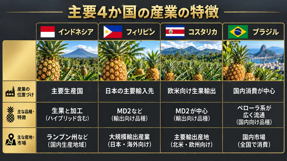 インドネシア、フィリピン、コスタリカ、ブラジルのパイナップル産業の特徴を比較した表