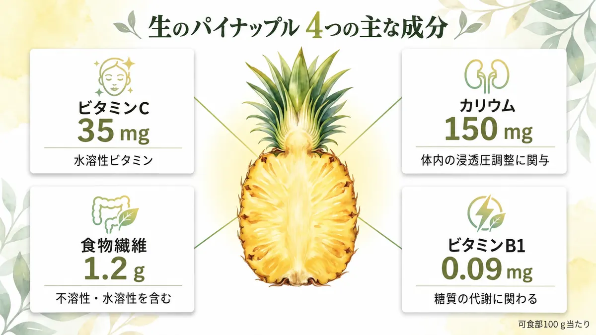 生のパイナップル100gに含まれる4つの主な栄養成分を示した図