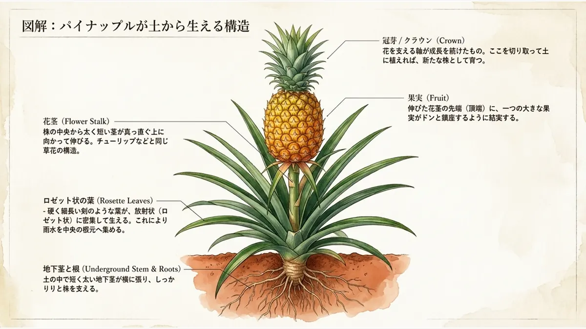 図解:パイナップルが土から生える構造