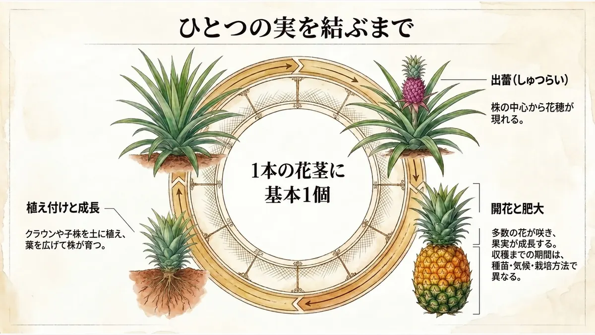 植え付けから出蕾、開花、果実の肥大までを示したパイナップルの生育図