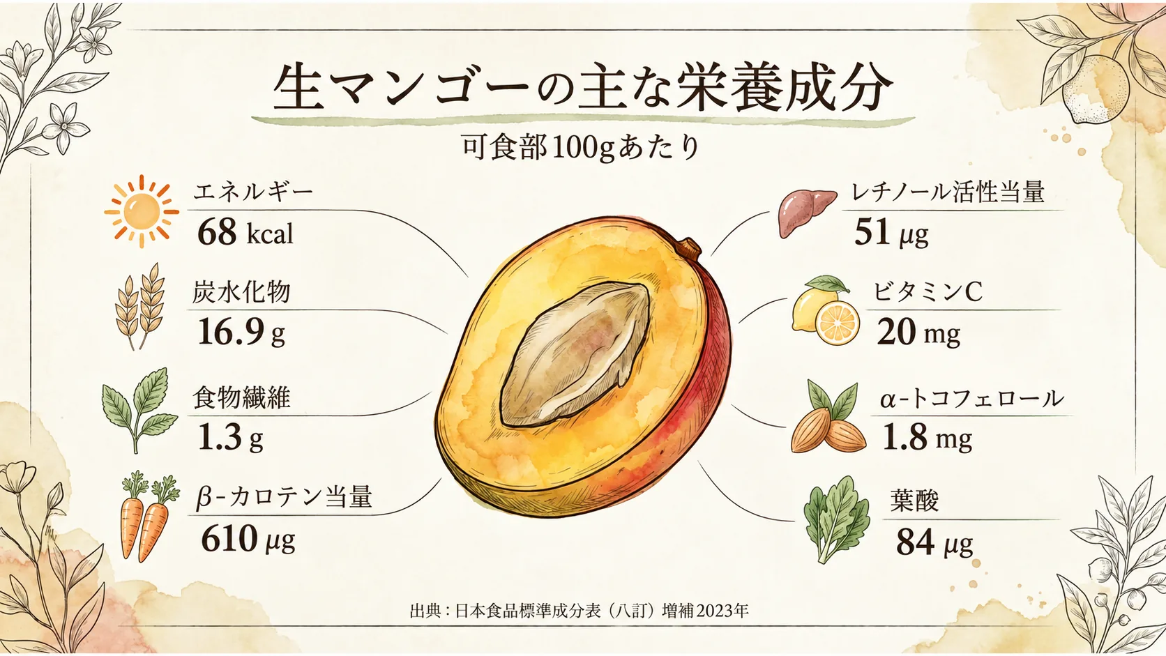 生マンゴー可食部100gあたりの主な栄養成分