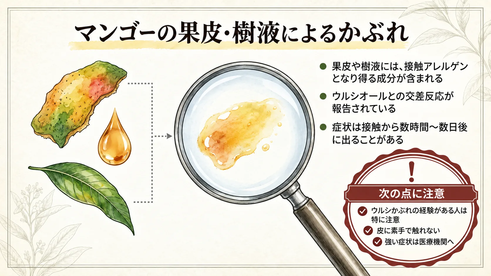 マンゴーの果皮や樹液による遅延型接触皮膚炎への注意