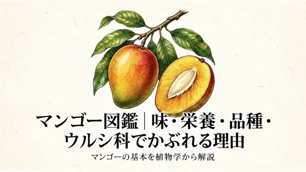 マンゴーの果実、断面、葉と、味・栄養・品種・ウルシ科との関係を示すタイトル