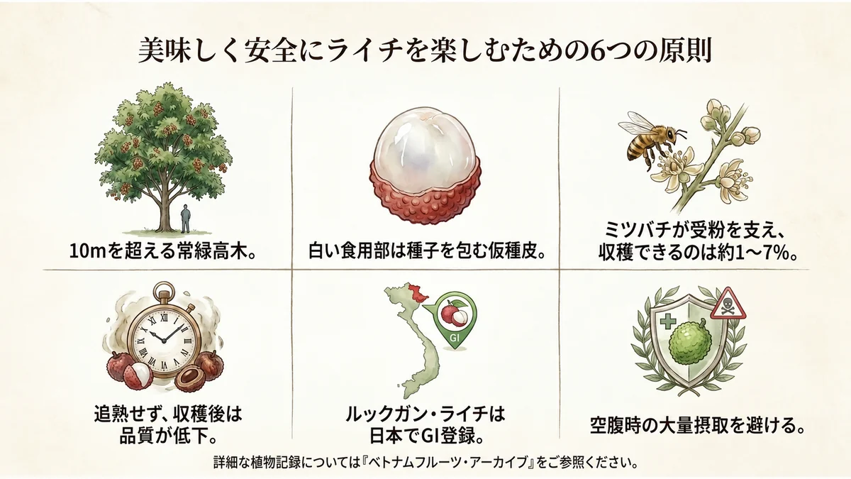 ライチの生態、仮種皮、受粉、品質低下、産地、安全な食べ方の要点