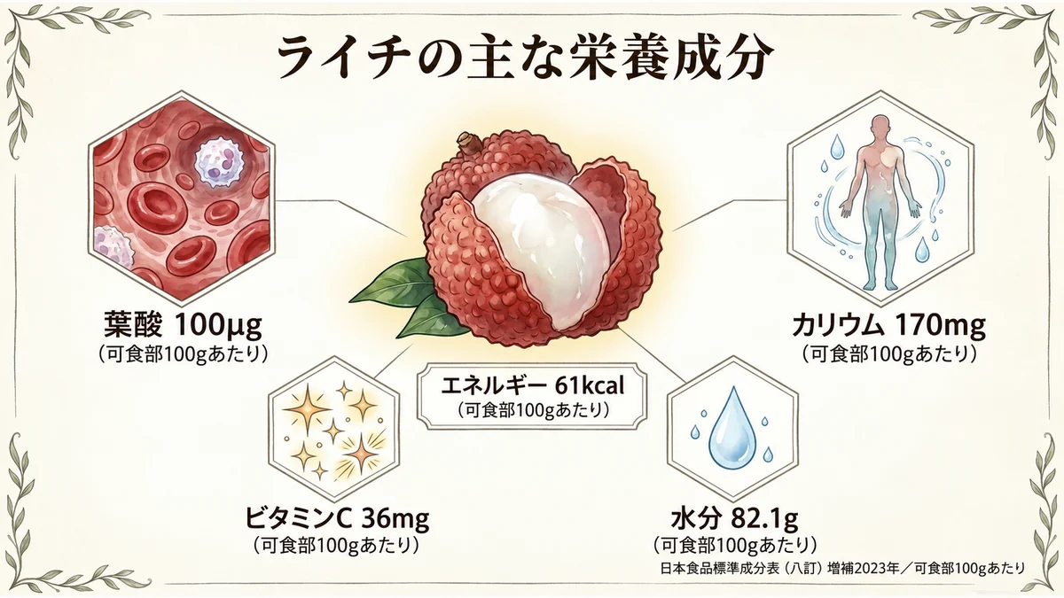 ライチ可食部100グラムあたりの主な栄養成分