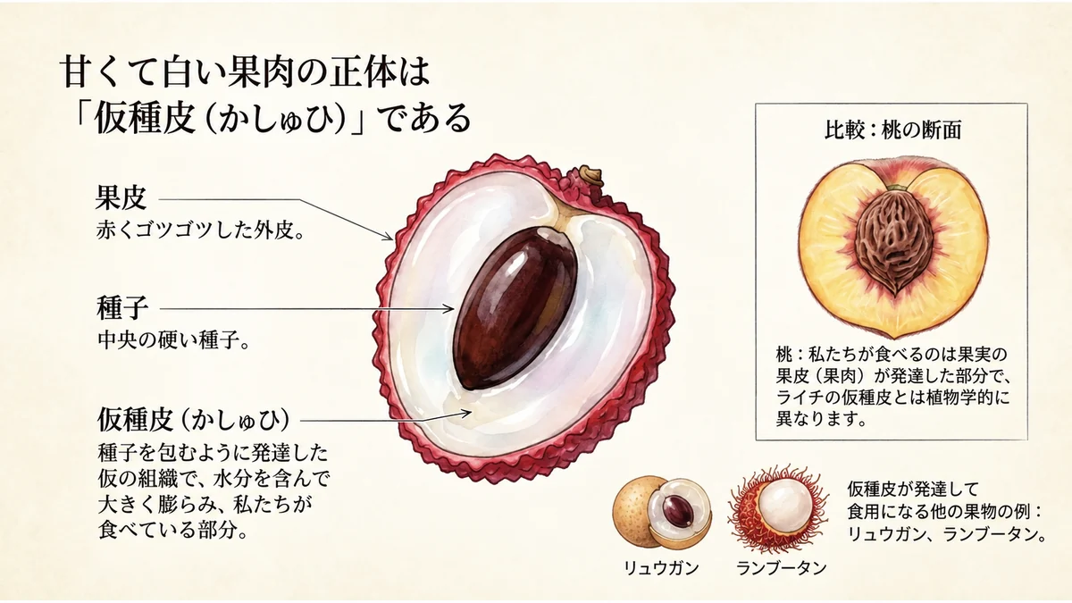 ライチの赤い果皮、中央の種子、白い仮種皮の位置関係を桃と比較した断面図