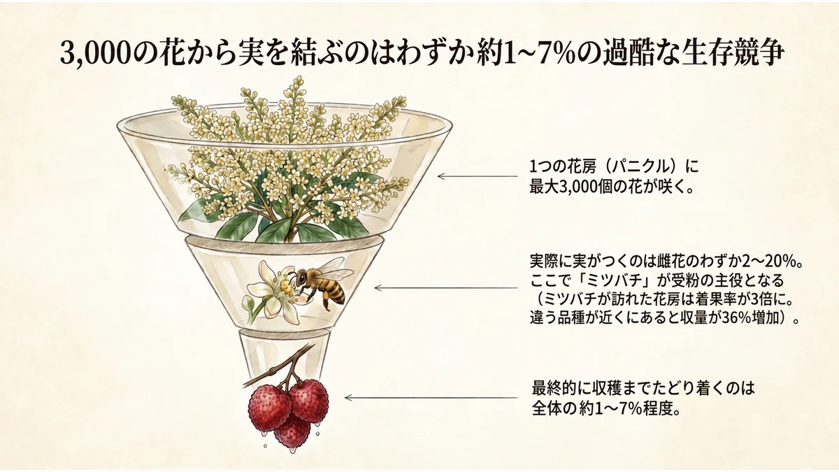 最大3000個の花から、収穫できる果実がごく一部になる過程