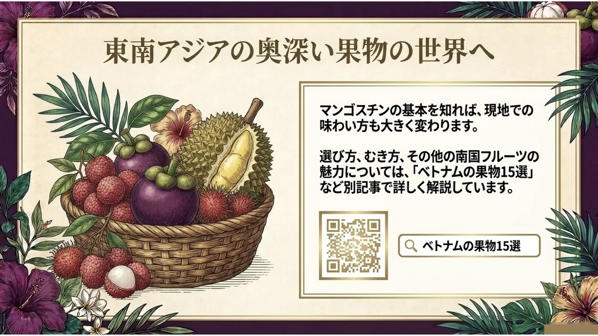 マンゴスチンなど東南アジアの果物を盛った籠