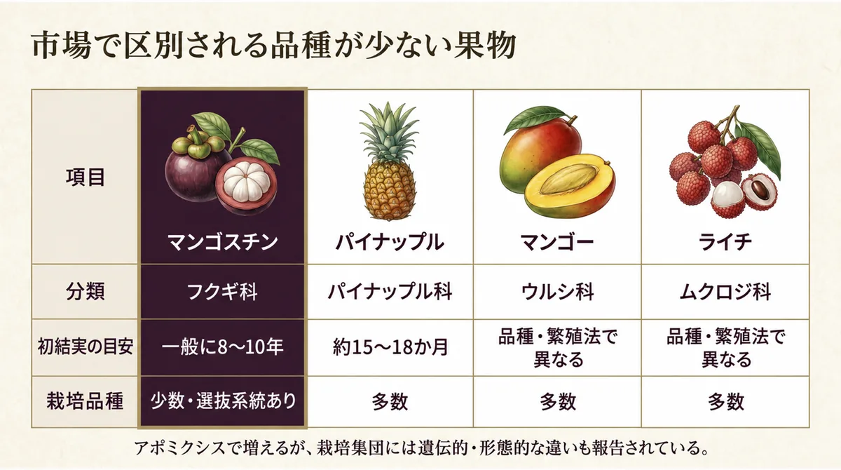 マンゴスチンとパイナップル、マンゴー、ライチの分類や初結実を比べた表