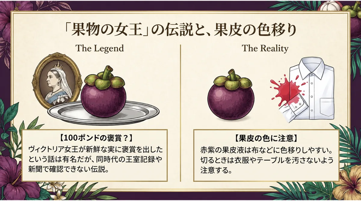 マンゴスチンの果物の女王伝説と果皮の赤紫色の液による色移り