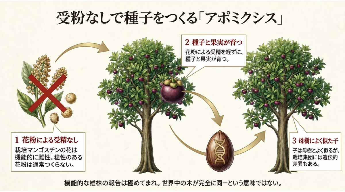マンゴスチンが通常は受精なしで種子をつくるアポミクシスの仕組み