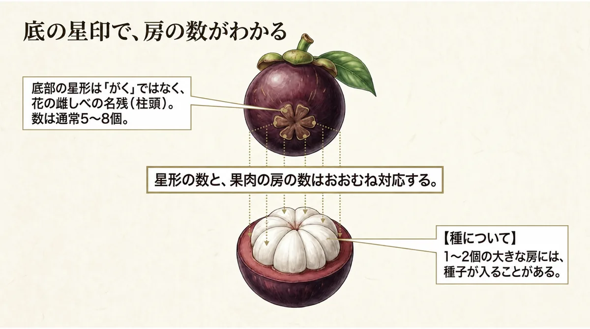マンゴスチンの底にある星形の柱頭と白い果肉の房数の対応