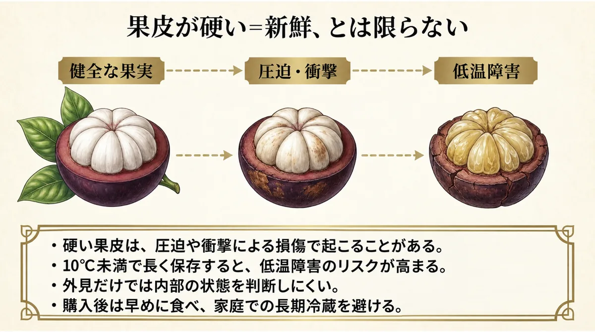 マンゴスチンの果皮が圧迫や衝撃、低温障害で硬くなることを示す図
