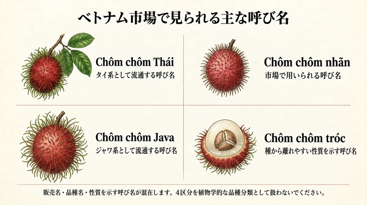 ベトナム市場で見られるランブータンの主な呼び名を整理した図